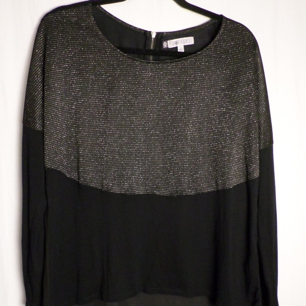 Jennifer Lopez Black/Silver Sparkle Sheer Back Long Sleeve Thin Large Blouse